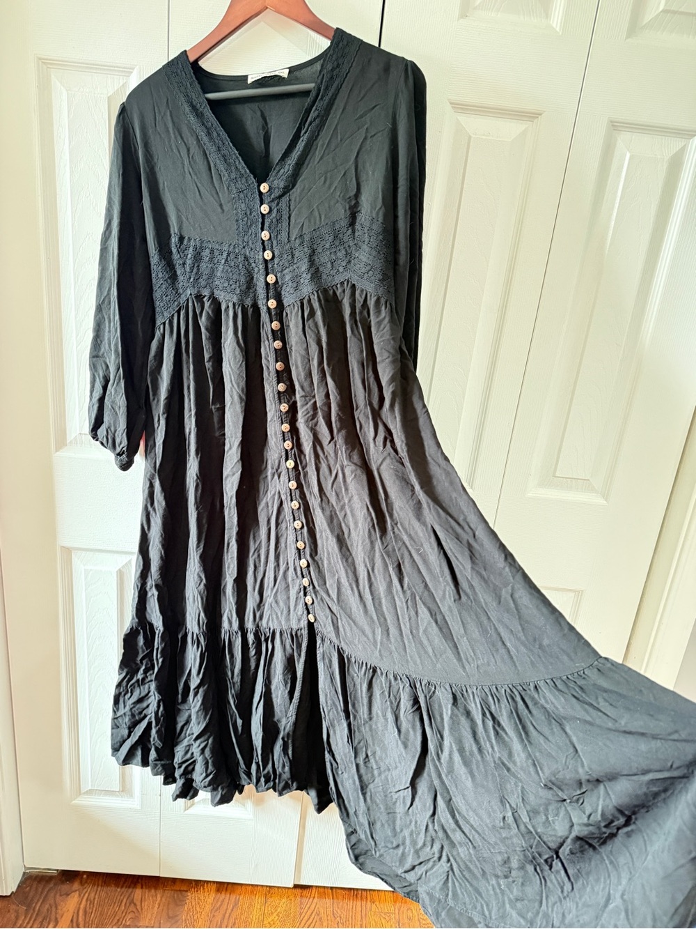 Black Maxi Button-Front V-Neck Tiered Dress
